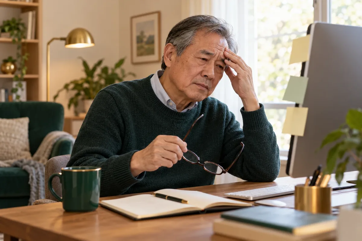 Older man at a desk rubbing his forehead with a confused look, blank sticky notes on his monitor, for a page on brain fog