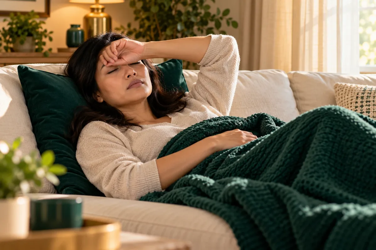 Woman lying on a sofa under a green blanket, eyes closed and an arm across her forehead, for a page on ME/CFS