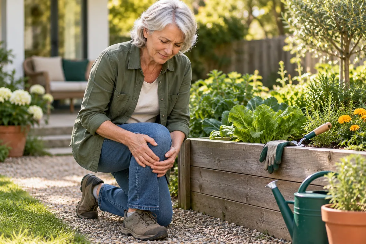 Woman in her early 60s kneeling by a garden bed, rubbing a stiff, sore knee, for a page on chronic inflammation