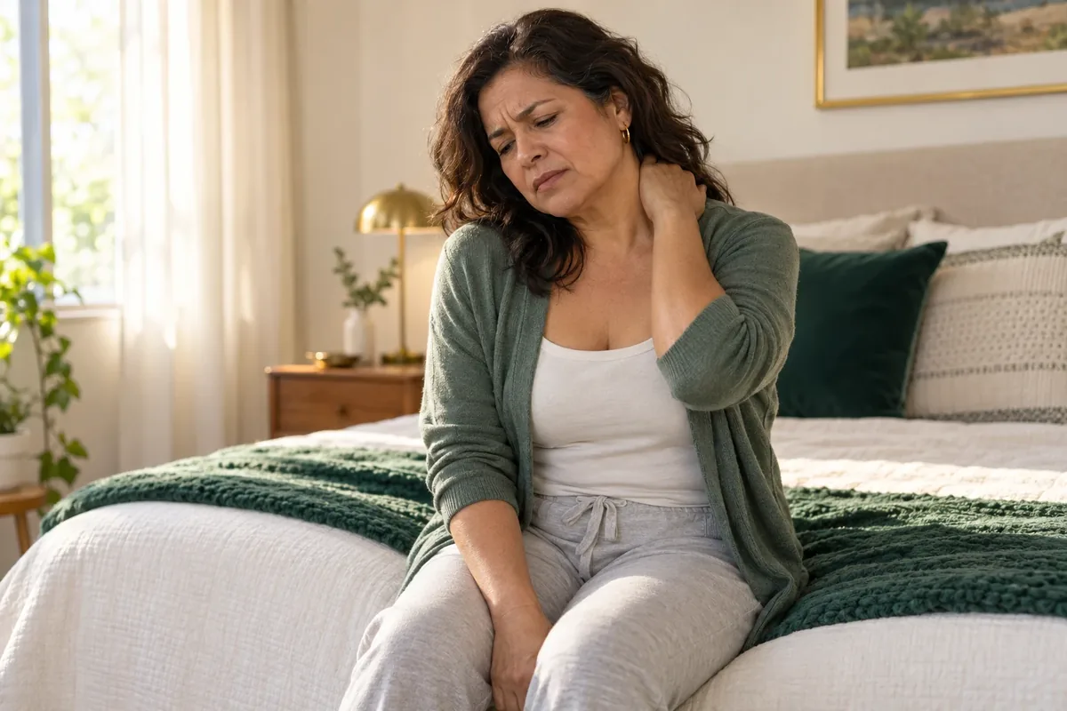 Woman sitting on the edge of her bed rubbing a sore neck and shoulder, looking weary, for a page on fibromyalgia