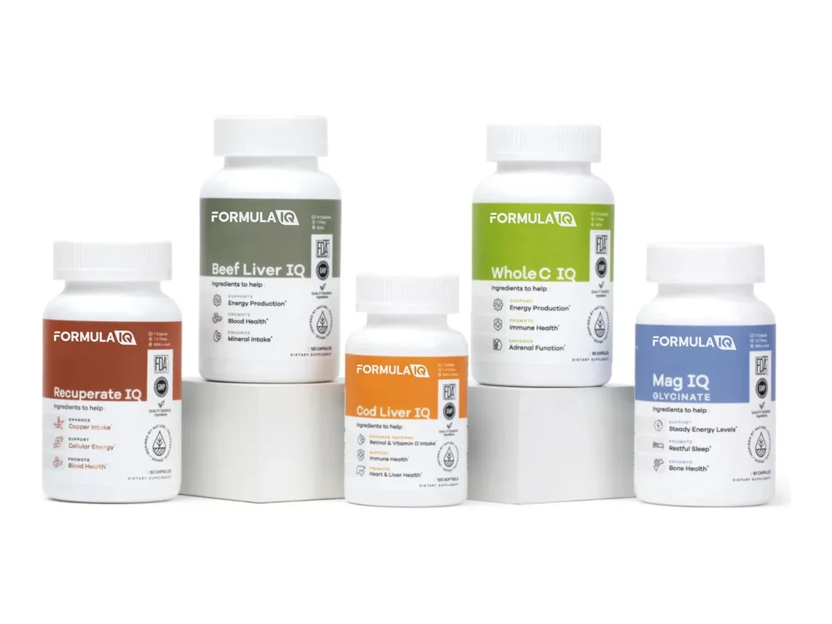 A row of FormulaIQ supplement bottles