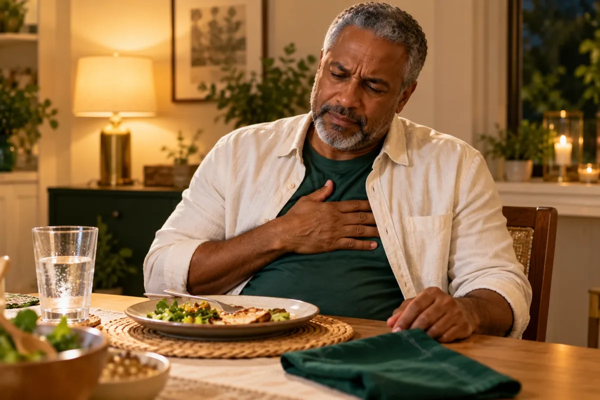 Man at a dinner table pressing a hand to the center of his chest with a grimace, for a page on reflux and indigestion