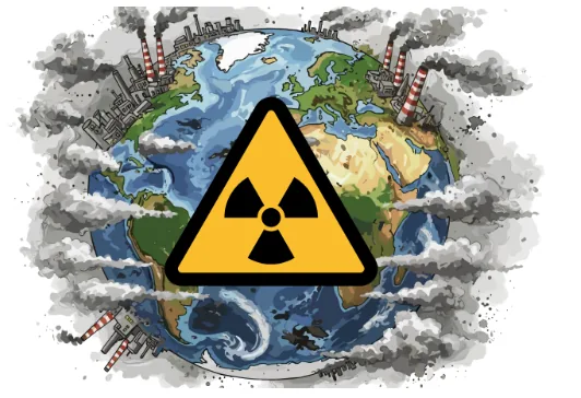 Earth wrapped in factory smoke under a radiation hazard symbol