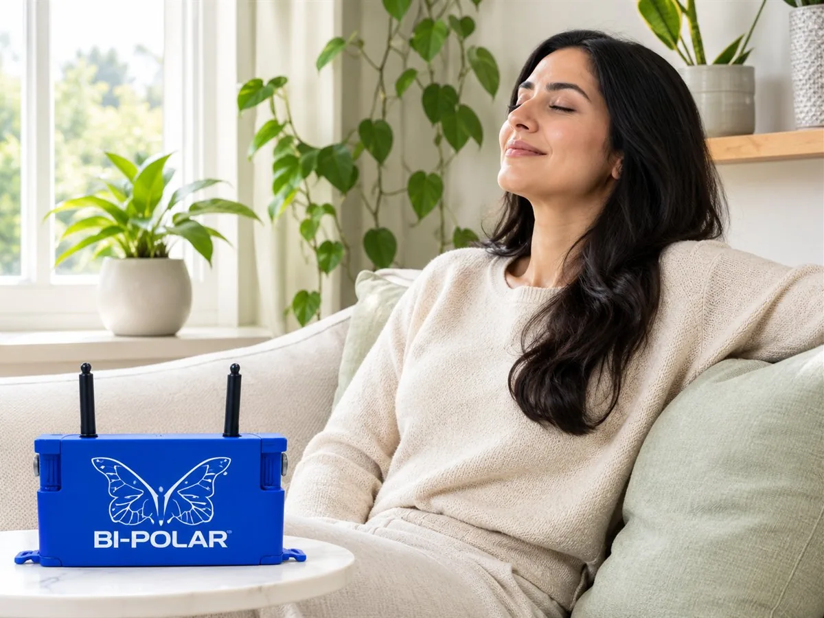 Woman relaxing at home next to a HypoAir ionization air purifier