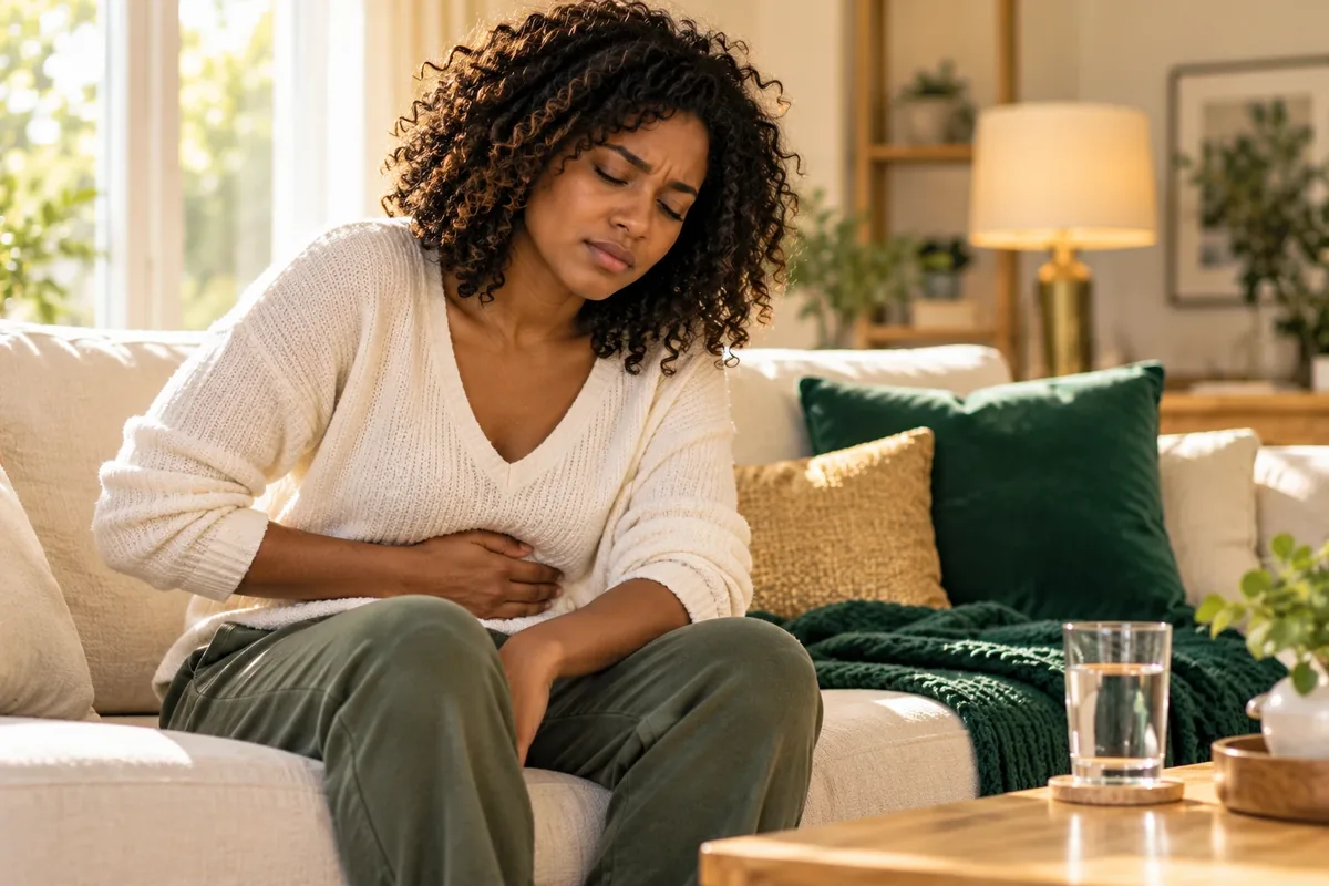 Woman on a sofa pressing a hand to her abdomen, eyes closed, looking uncomfortable