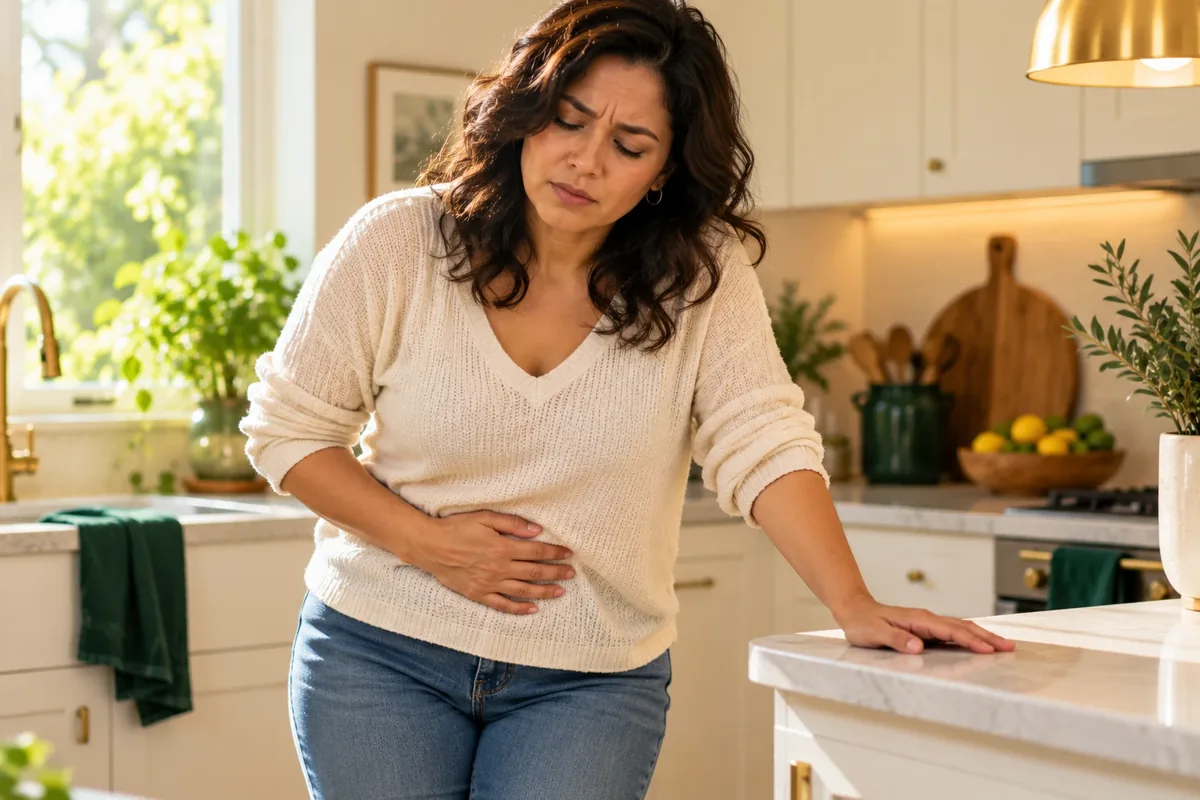 Woman in her kitchen with a hand on her lower abdomen, wincing with cramping discomfort, for a page on IBS