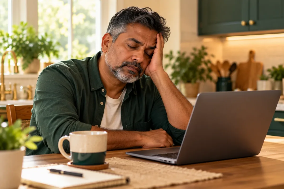 Man at his kitchen table with eyes closed and head on his hand, visibly exhausted