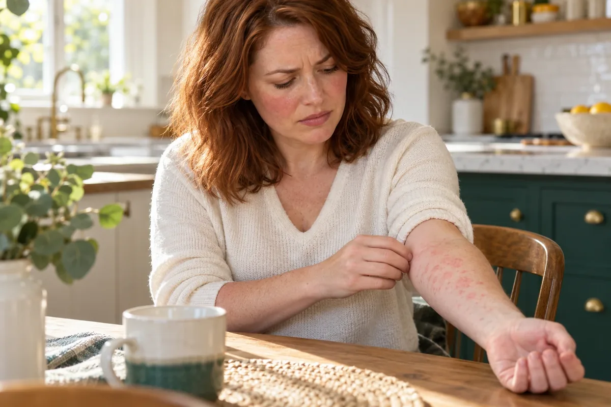 Woman at a kitchen table looking at blotchy pink hives on her forearm, cheeks flushed, for a page on MCAS