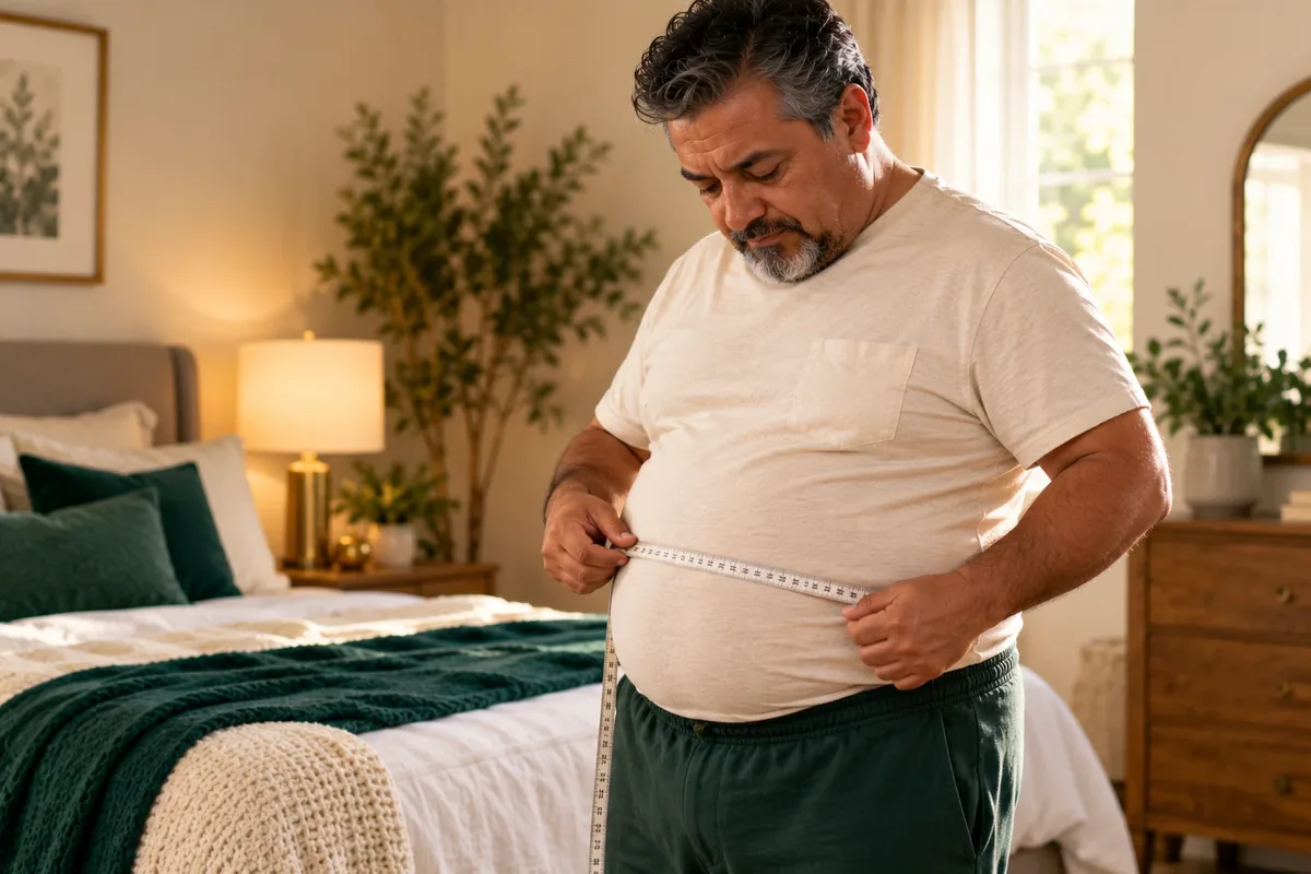 Man measuring his waist with a tape measure in his bedroom