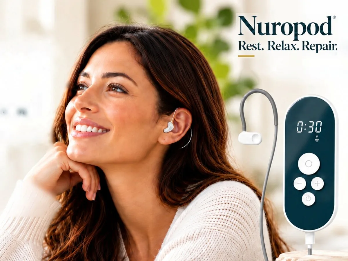 Woman relaxing while wearing the Nuropod vagus nerve stimulation device